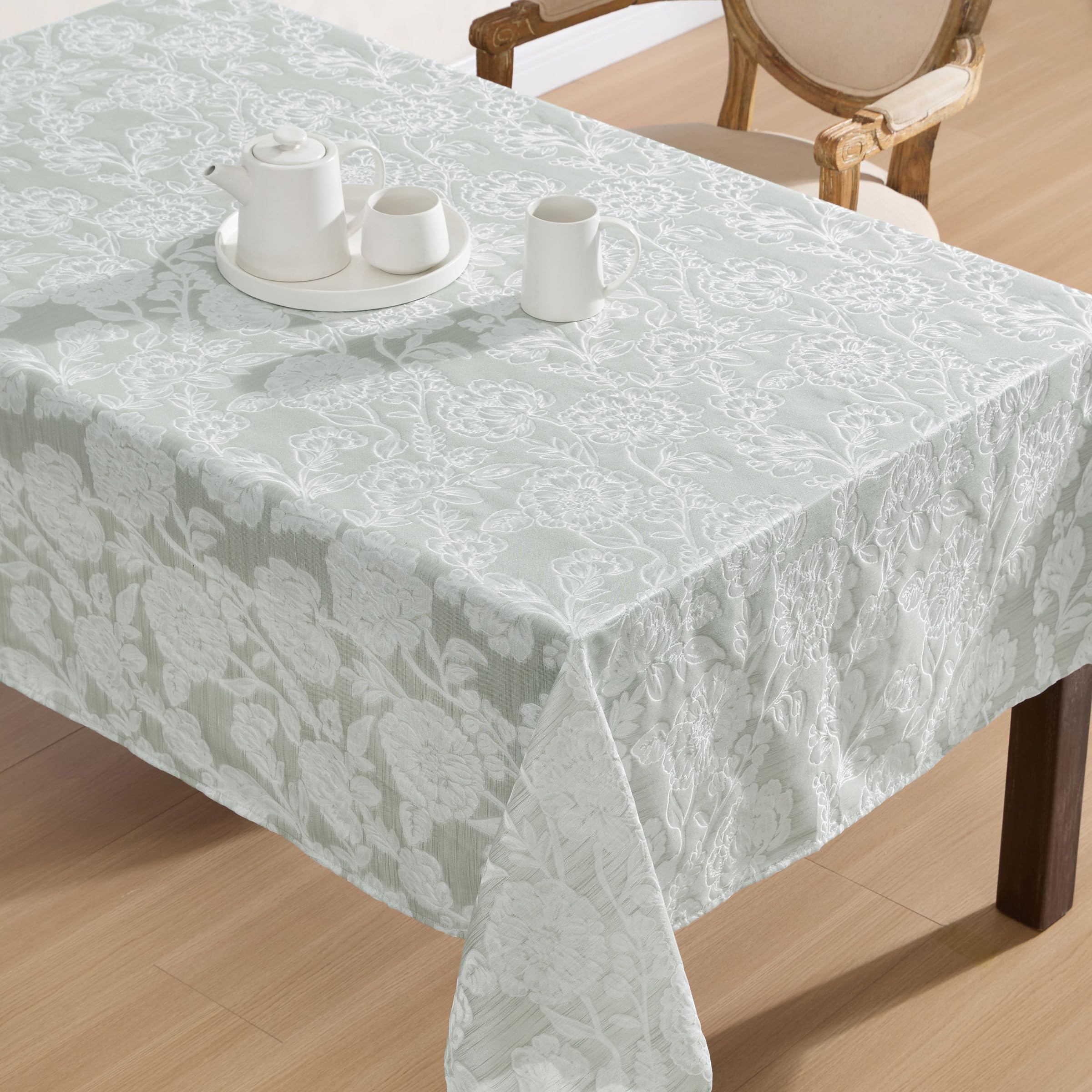 Laura Ashley Annaleigh Tablecloth Jacquard Fabric, Wrinkle Resistant for Dining, Holiday, Party, Wedding or Banquet, 60" x 102", Sage