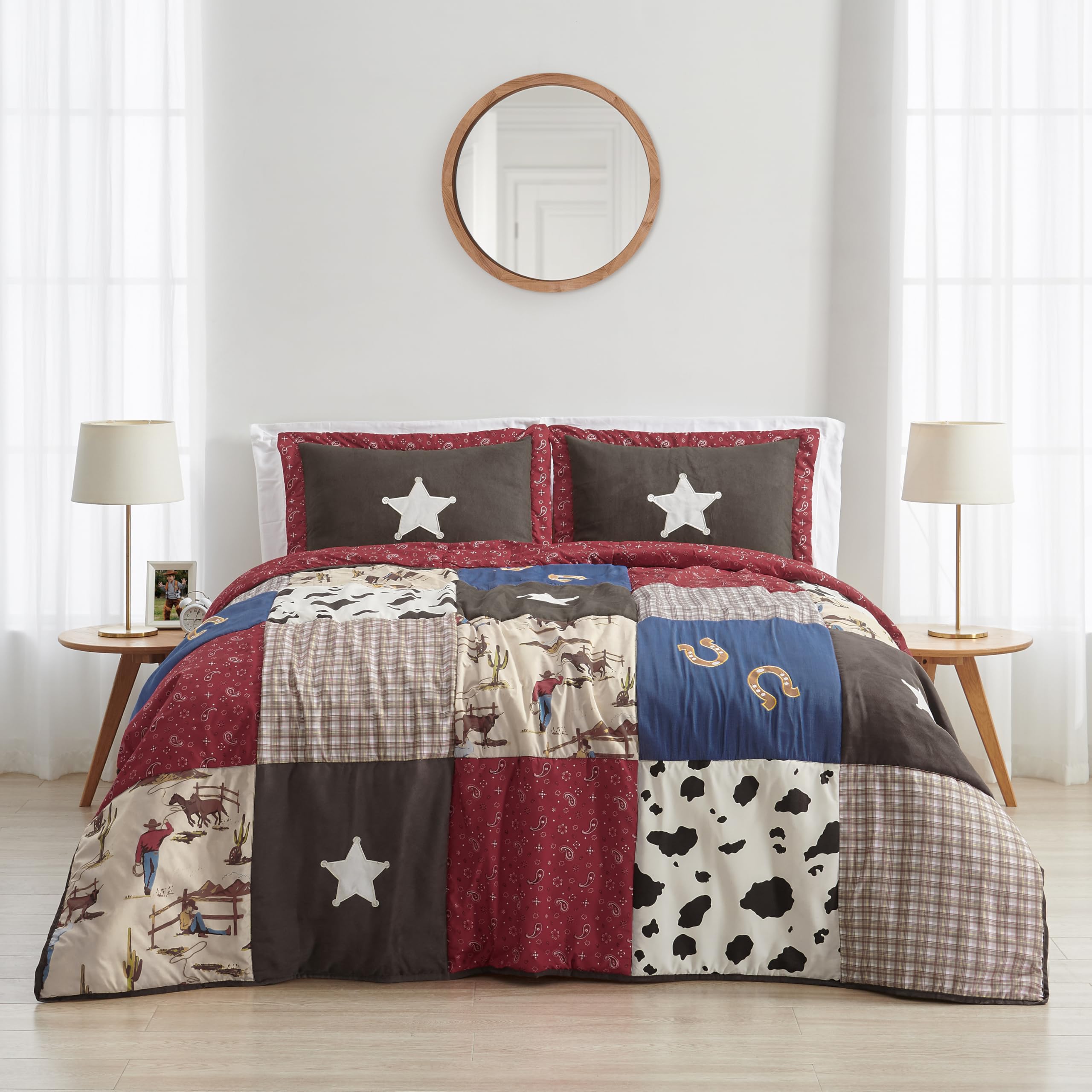 Sweet Jojo Designs 2-Piece Twin Comforter Set (Western Cowboy) for Boys, Children, Kids Bedding, Bed in a Bag incl. Blanket & Pillow Sham (Wild West, Farmhouse, Southern Charm, Country, Horse, Patch)
