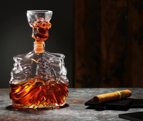 Godinger Whiskey Decanter and Shot Glass, Skull Skeleton Decanter, Halloween Decor, Skeleton Decorations, Liquor Decanter and Whiskey Glass Shot Glasses Set, Halloween Decorations - 32oz