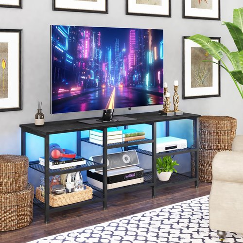 YGEOMER TV Stand for TVs Up to 55 Inches, Entertainment Center with Power Outlet and LED Lights Open Storage Shelves, TV Media Console Table for Living Room and Bedroom, Black