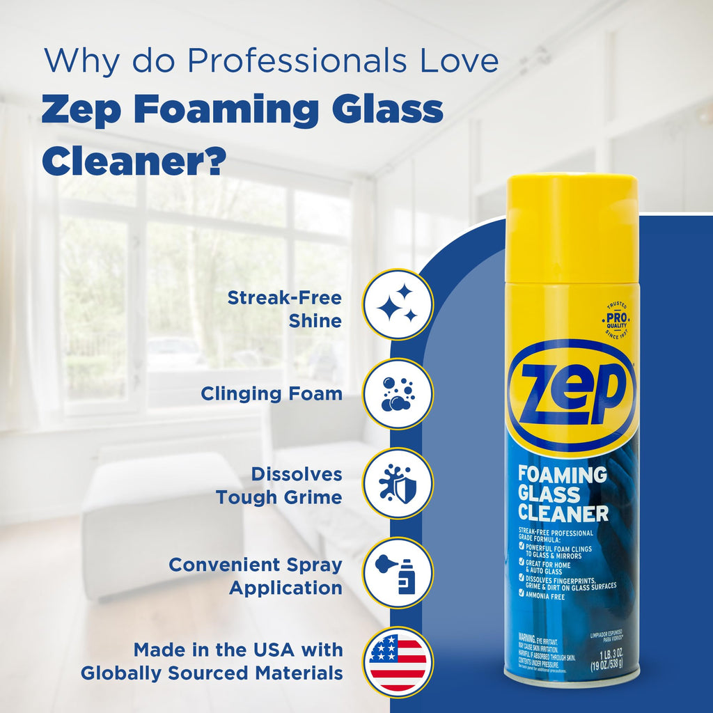 Zep Foaming Glass and Plexiglass Cleaner - 19 oz (Case of 4) ZUFGC19 - Foaming Formula Clings to Vertical Surfaces. Trusted by Pros