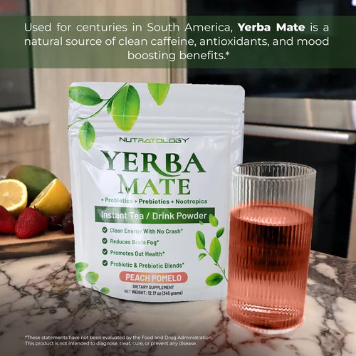 Yerba Mate Instant Tea Powder - 3-In-1 Super Drink - Clean Energy - Formulated With Nootropics To Boost Focus & Clarity - With Prebiotics & Probiotics To Boost Gut Health | Peach Pomelo - 30 Servings