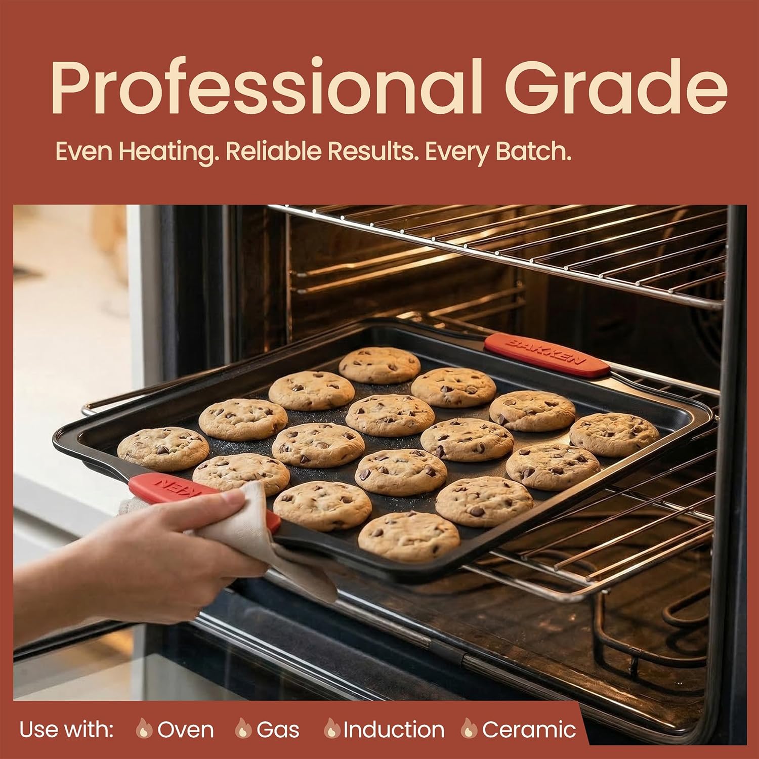 Bakkenmaster Baking Set - 8-Piece Non-Stick Oven Bakeware Set with Red Silicone Handles - Carbon Steel