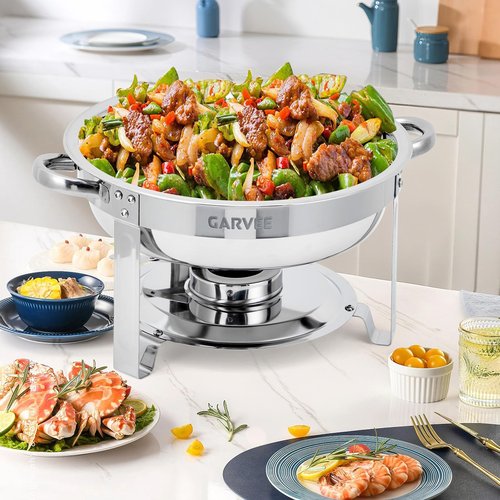 Round Chafing Dishes for Buffet, Stainless Steel Chafing Dish Buffet Set with Glass Lid, Food & Water Pans, Food Warmers Set with Fuel Holder for Weddings Parties Catering Events