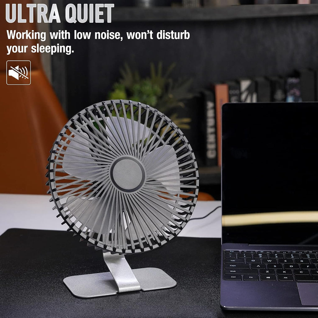 SLENPET USB Desk Fan - 6 Inch Ultra-Quiet Mini Fan with 4 Speeds & 90° Adjustment | Portable Silver Design for Home & Office