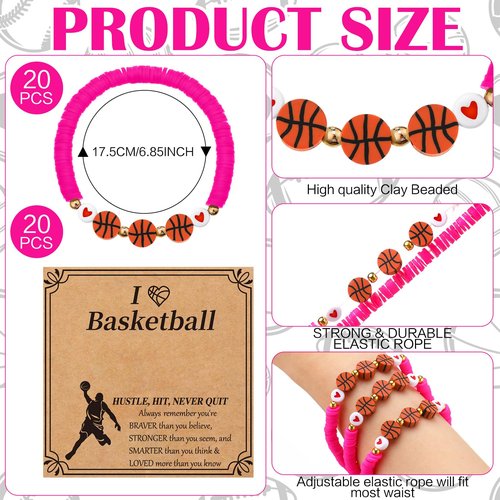 Ecation 20 Set Basketball Bracelets Gifts Basketball Party Favors Bead Bracelets Team Gift with Inspirational Card for Senior Night Gifts Sport Team Lovers Players Birthday Party(Pink)