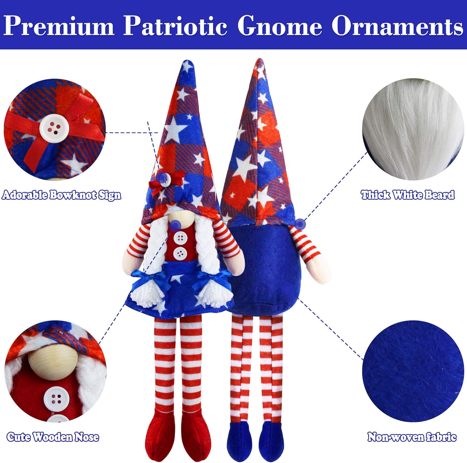 Skiennix 4th of July Gnomes - Handmade Plush Mr. & Mrs. Swedish Tomte Decorations | Patriotic Table Decor