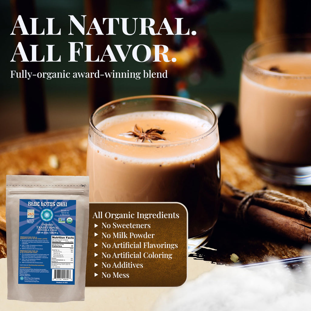 Blue Lotus Chai – Fully Organic Traditional Masala Chai - Makes 265 Cups – Just Add Hot Water, No Steeping, No Gluten - 8 Ounce Masala Spiced Chai Powder with Organic Spices – Authentic Indian Tea