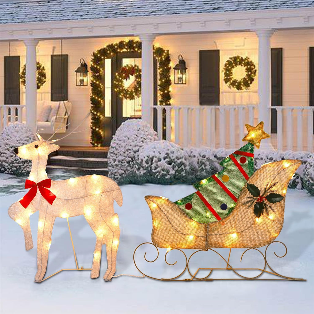 WATERGLIDE Christmas Decorations - 23 Inch Lighted Reindeer & Santa Sleigh | Pre-Lit Outdoor Yard Decor