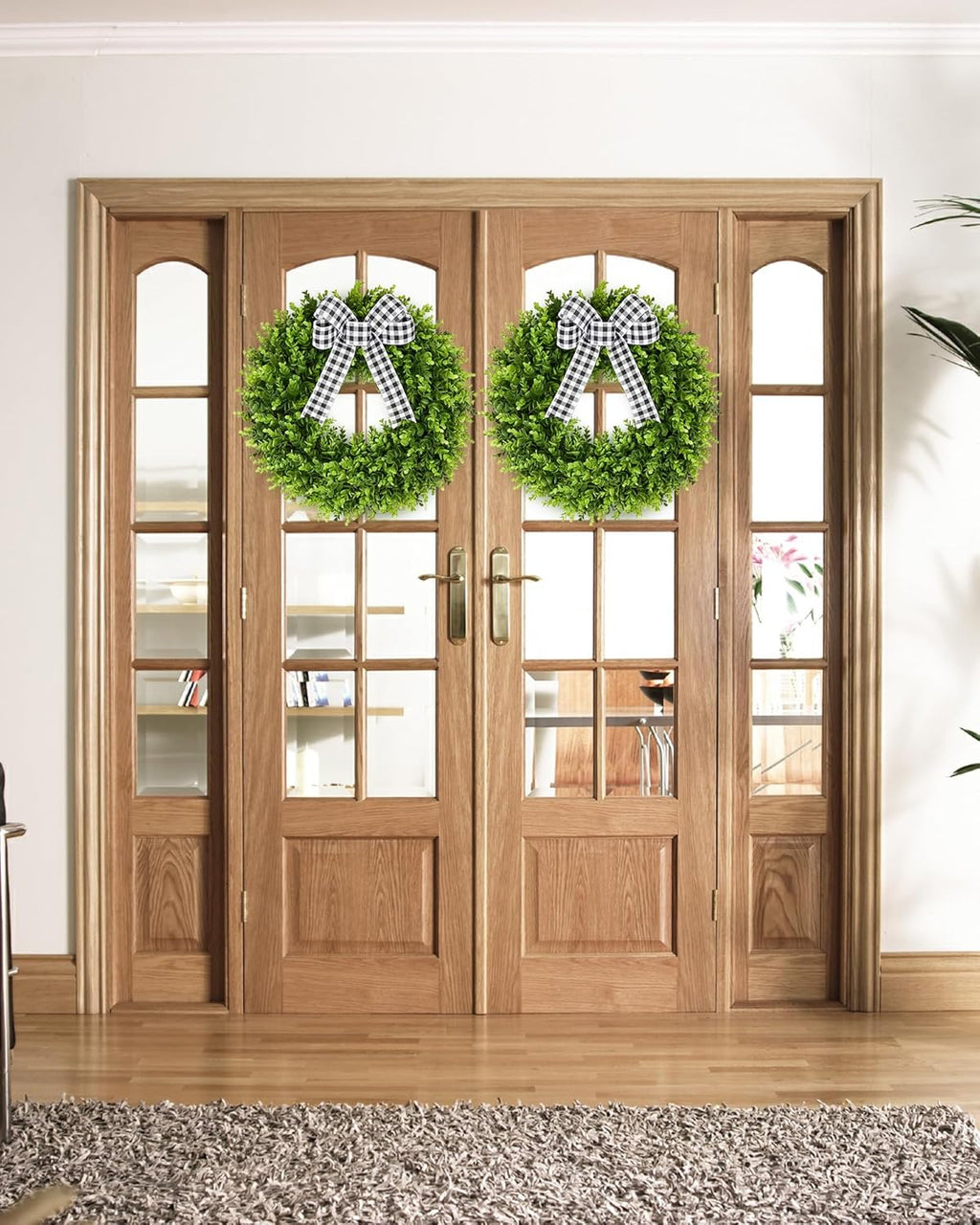 Vlorart 20" Faux Round Boxwood Wreath - Large Artificial Greenery with Plaid Bow for Door & Wedding Decor