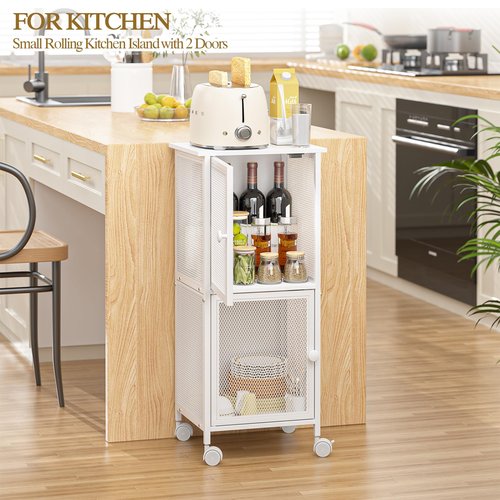 Small Bathroom Storage Cabinet with Movable Wheels, Wooden Bathroom Standing Shelf with 2 Metal Doors, Slim Bathroom Storage Cart for Small Spaces, Laundry, Kitchen, Narrow stand Storage Unit, White