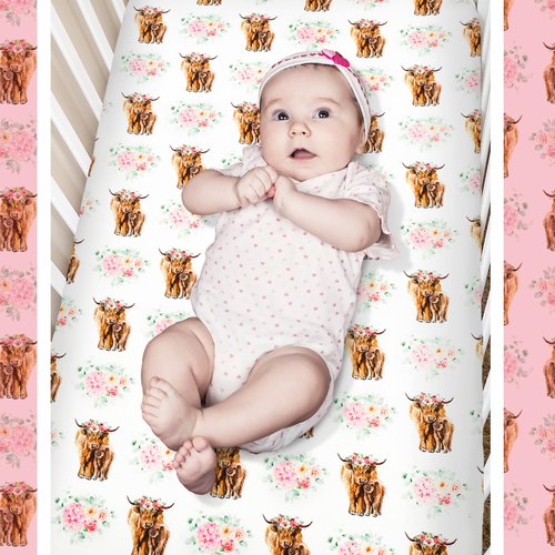 Hahafelt 3 Piece Highland Cow Baby Crib Bedding Set for Baby Girls Pink Floral Nursery Crib Sets Includes Quilt,Fitted Crib Sheet, Crib Skirt for Newborns Baby Boy Girl