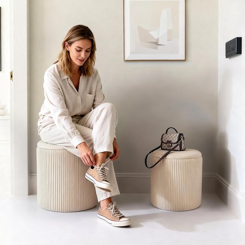 CAROLMADE Set of 2 Round Ottoman with Storage, Upholstered Vanity Stool Support 330lbs Multifunctional Coffee Table Ottoman Velvet Foot Rest Stool or Living Room Bedroom Dorm (Beige)