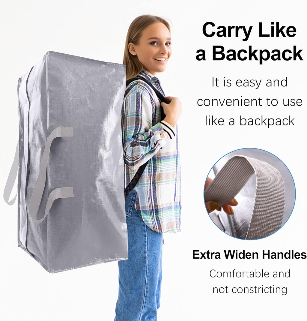 VELVETSURE Extra Large Heavy-Duty Moving Bags - Durable Storage Totes with Backpack Straps & Zippers | Set of 6, Silver