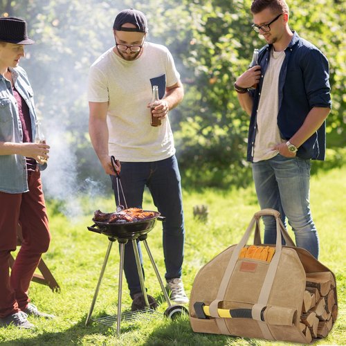TwentyNext Firewood Log Carrier Waxed Canvas Tote Bag with Handles, Heavy Duty Firewood Holder Fireplace Wood Stove Accessories for Camping,BBQ Indoor & Outdoor
