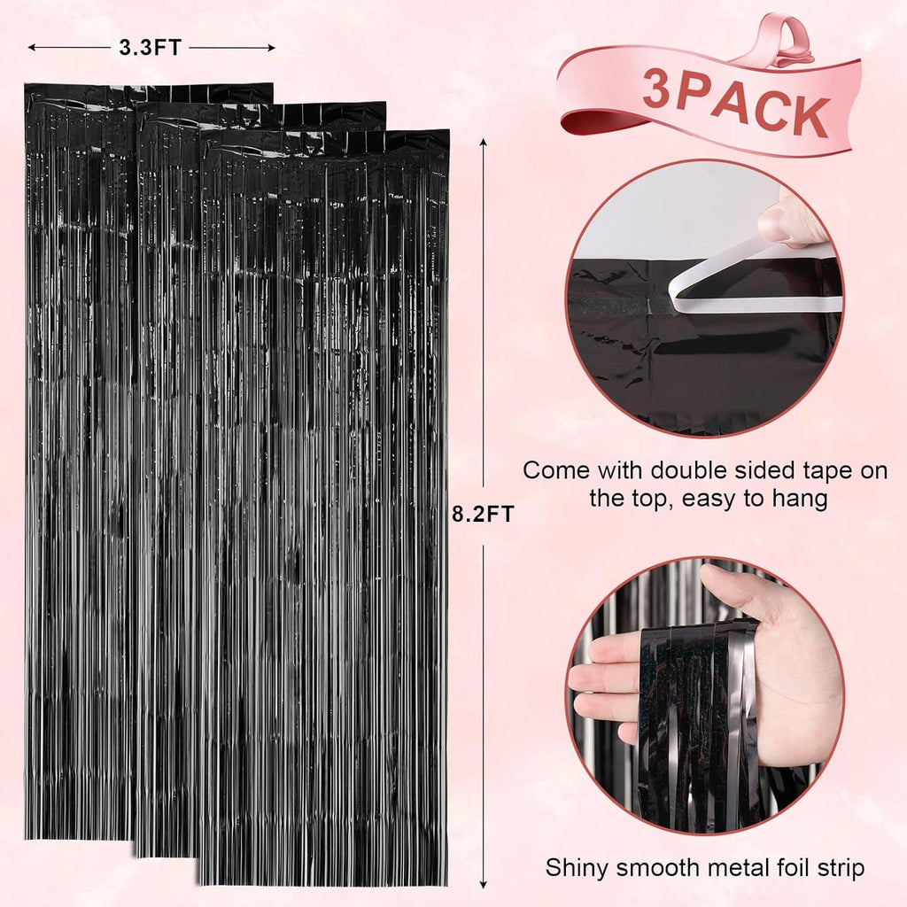 Voircoloria 3 Pack Laser Black Foil Fringe Backdrop Curtains - 3.3 x 8.2 ft Tinsel Streamers for Parties