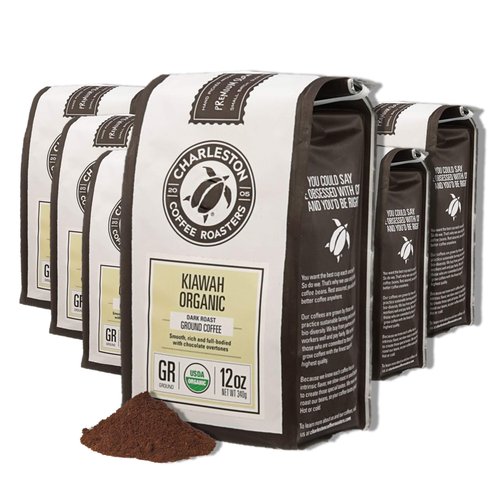 Charleston Coffee Roasters | Specialty Organic Ground Coffee | Hand Picked, Premium Slow Roast (Kiawah, Dark Roast) 12oz, 6 pack