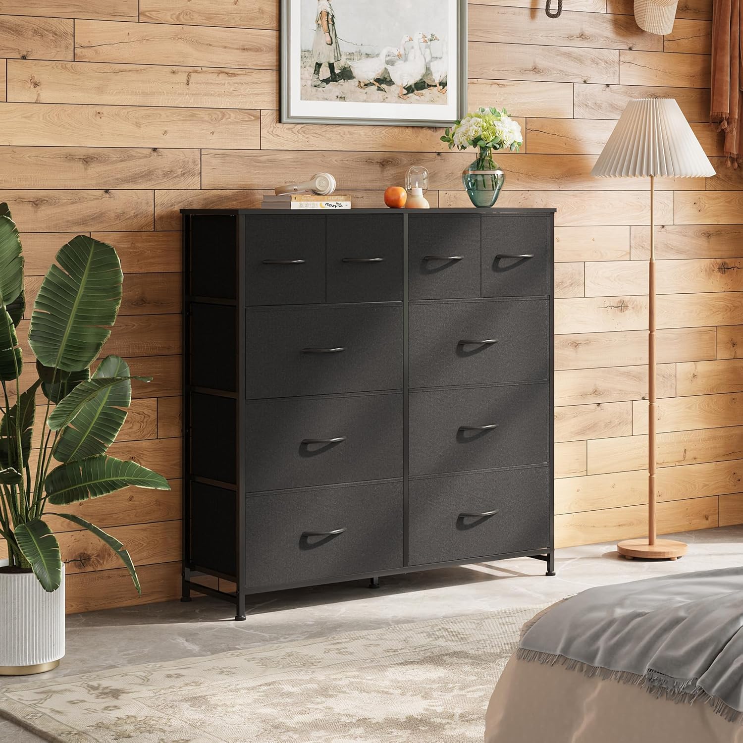 WLIVE Dresser - Tall Chest Organizer with 10 Fabric Drawers & Wooden Top - Black Storage Unit for Bedroom