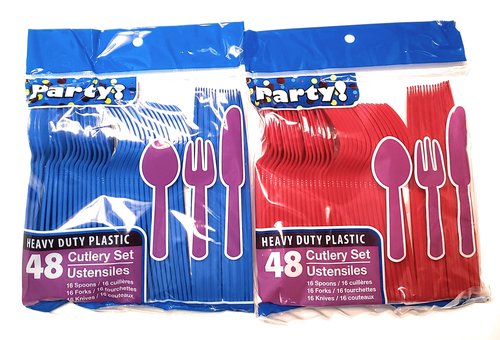1 OM Blue & Red Team Colors Disposable Silverware Collection - 96 Piece Plastic Cutlery Set - 32 Spoons, 32 Forks, 32 Knives - 1 pack of 48 pieces in each color (Total 96 pieces)