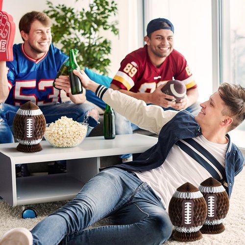 Fourluoo 3Pcs Football Party Decorations Large Football Honeycomb Centerpieces 3D Ball Table Decor Sports Ball Paper Honeycomb Decorations for Tailgate Party Decoration(Dark Brown,9.8 Inch)