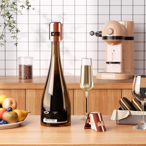 Champagne Stoppers with Stainless Steel Champagne Saver with Food Grade Silicone Leak proof Keep Fresh Suitable for Champagne, Cava, Prosecco and Sparkling(RoseGold, 6 Pack)