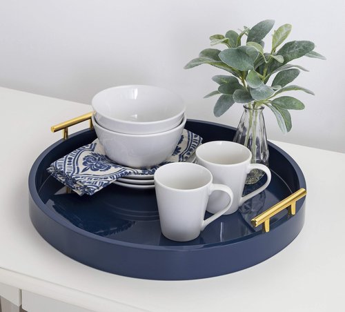 Kate and Laurel Lipton Modern Round Tray, 18" Diameter, Navy Blue and Gold, Decorative Accent Tray for Storage and Display