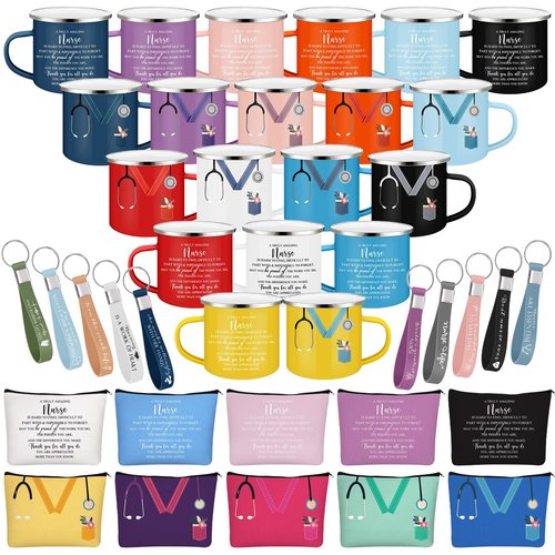 Hushee Nurse Appreciation Gift Bulk 12 Oz Enamel Mug Stethoscope Sign Makeup Bag Silicone Keychain Valentines Day Gift for Nurse Nursing Assistant(30 Pcs,Bright Color)