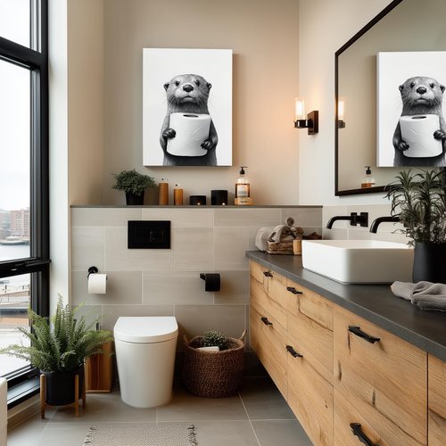 IAFWZX Funny Bathroom Wall Art - Black and White Otter Holding Toilet Paper | Cute Canvas Decor 12"x16"