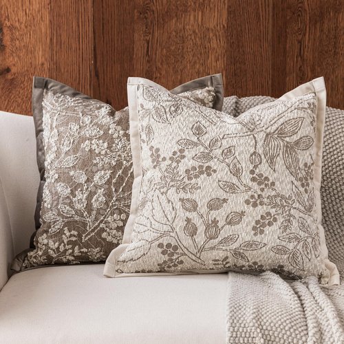 DWR Pack of 2 Decorative Throw Pillow Covers 18x18 – One Dark & One Light Khaki, Textured Woven Botanical Pattern Pillowcase with Handcrafted Look, Farmhouse Boho Accents for Couch or Bed