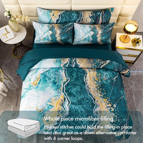 PERFEMET 6-Piece Bed in A Bag Queen Set Aqua Gold Watercolor Marble Comforters with Sheet Soft Luxury Retro Artwork Green Tie Dye Bedding Comforter Set(Aqua, Queen)