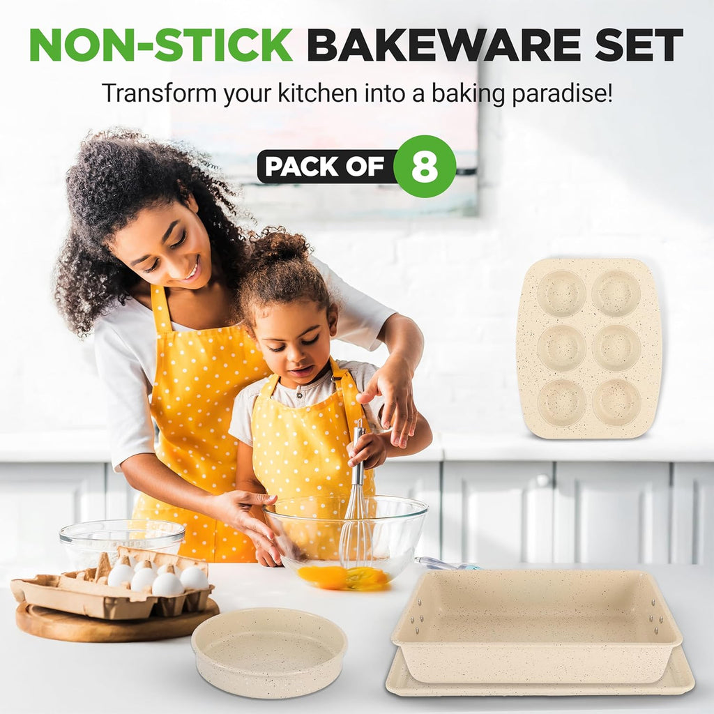 NutriChef 8-Piece Bakeware Set - Non-Stick Carbon Steel Pans | Includes Sheet, Muffin, Round, Loaf, Square & Deep Pans | Marble Cream Finish, Oven Safe to 450°F