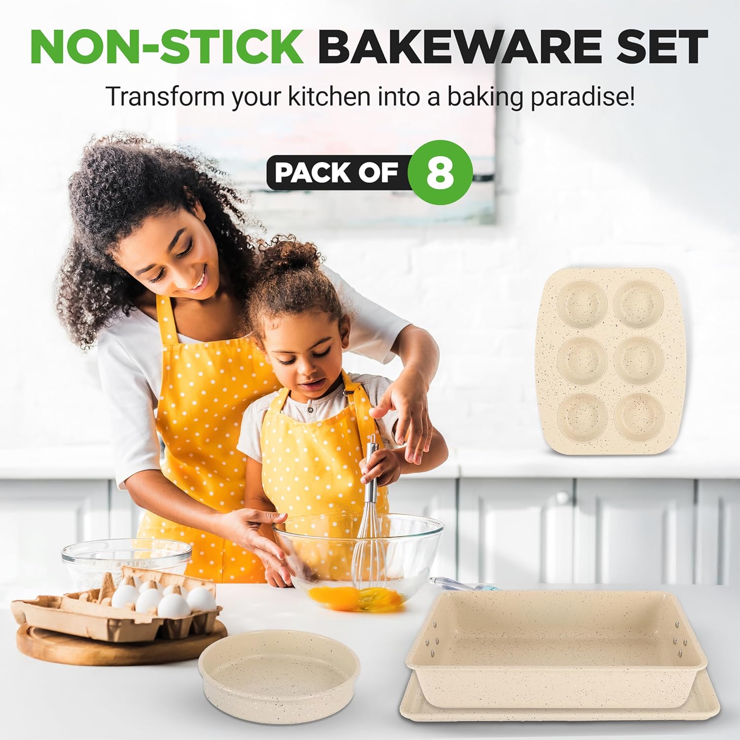 NutriChef 8-Piece Bakeware Set - Non-Stick Carbon Steel Pans | Includes Sheet, Muffin, Round, Loaf, Square & Deep Pans | Marble Cream Finish, Oven Safe to 450°F