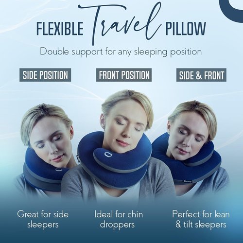BCOZZY Travel Neck Pillow - Patented Double Support for Head, Neck & Chin | Adjustable Size, Navy