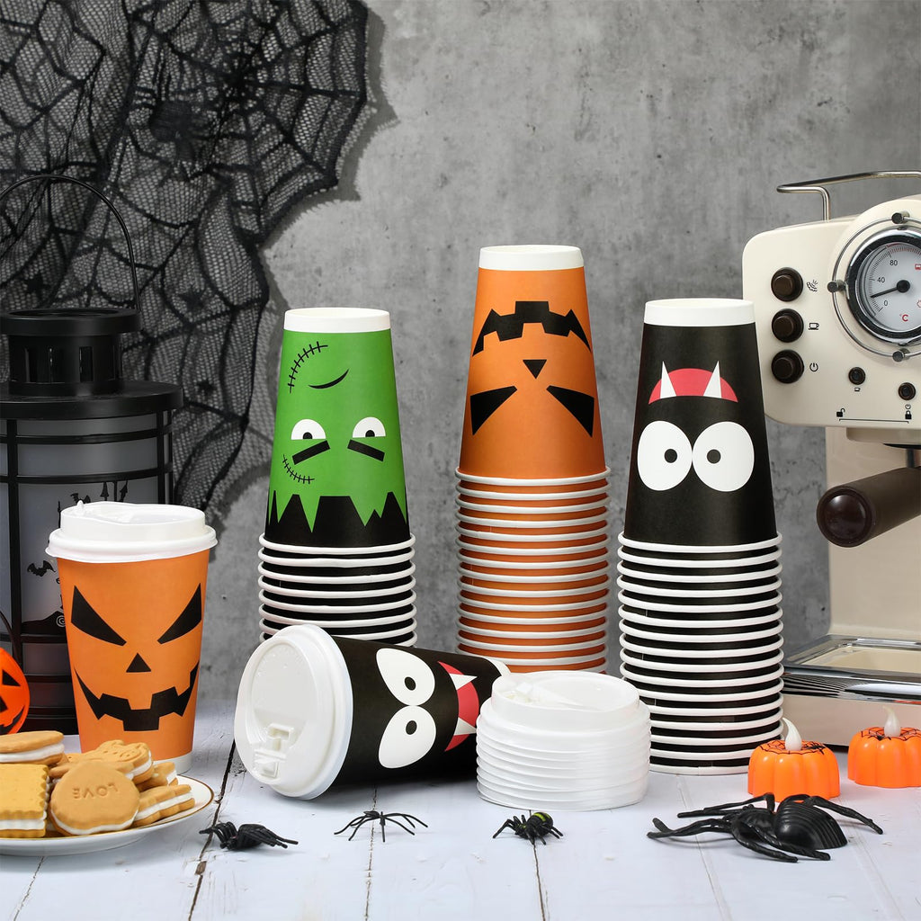 Lallisa 120 Pcs/60 Set Halloween Disposable Coffee Cups with Lids 16 oz Disposable Paper Cups Set Halloween Birthday Party Supplies for Hot Cold Drinks Tea Hot Chocolate Cocoa (Face)