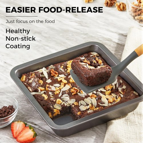 HONGBAKE Nonstick 8x8 Cake Baking Pan Set - Heavy Duty Square Brownie Pans with Wider Grips | 2 Pieces, Grey