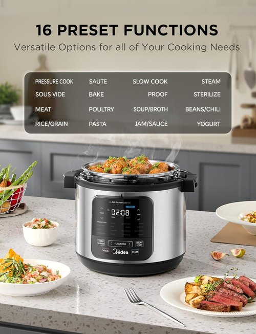 Midea 10-in-1 Electric Pressure Cooker - Versatile Slow Cooker, Steamer & Sous Vide | 6 Quart Stainless Steel Pot
