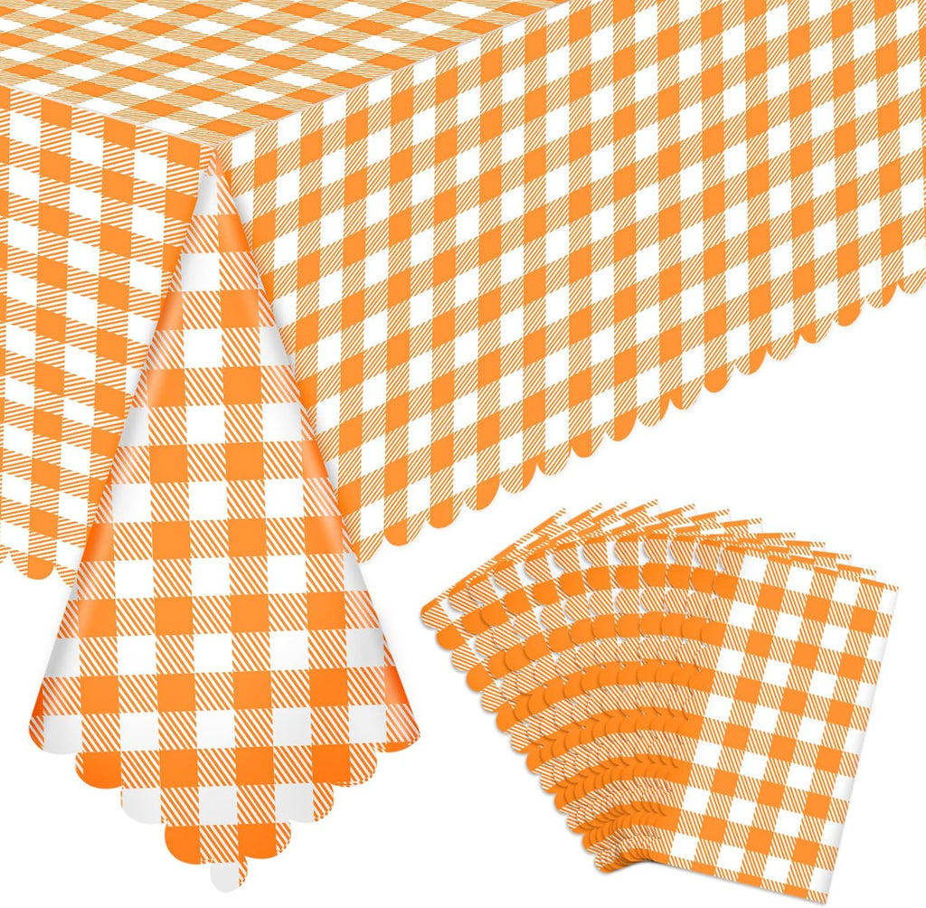 Skiennix 12 Pack Orange Gingham Tablecloths - 54" x 108" Waterproof Disposable Checkered Covers for Parties