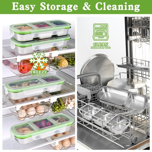 UPTRUST Reusable Snack Containers with Lids, 2pcs Stainless Steel 3-Compartment Snack Box, Divided and Leak-Proof Design for Take-Out Condiments and On-the-Go Snacks