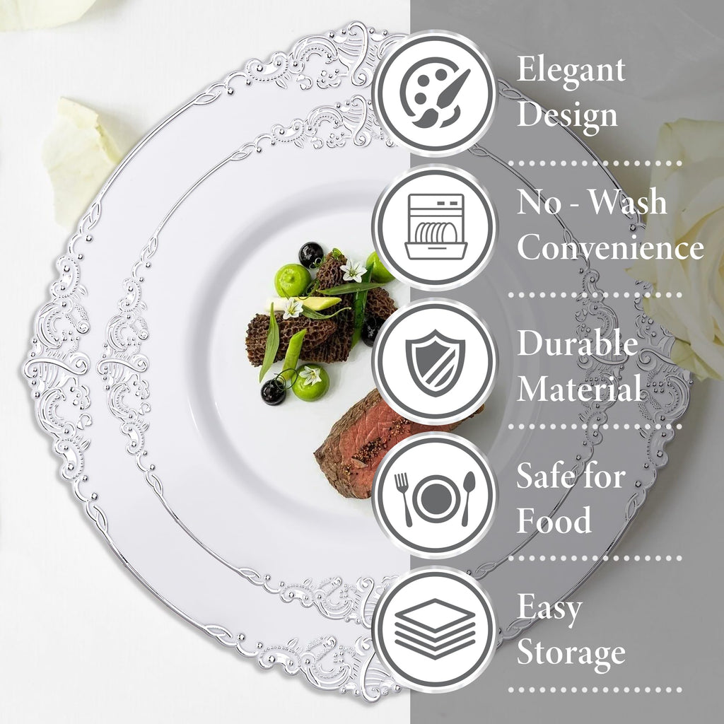 Nervure 350PCS Silver Plastic Dinnerware - White and Silver Disposable Plates for 50 Guests - 100 Disposable Plates, 150 Plastic Silverware, 50 Cups, 50 Napkins for Wedding & Party
