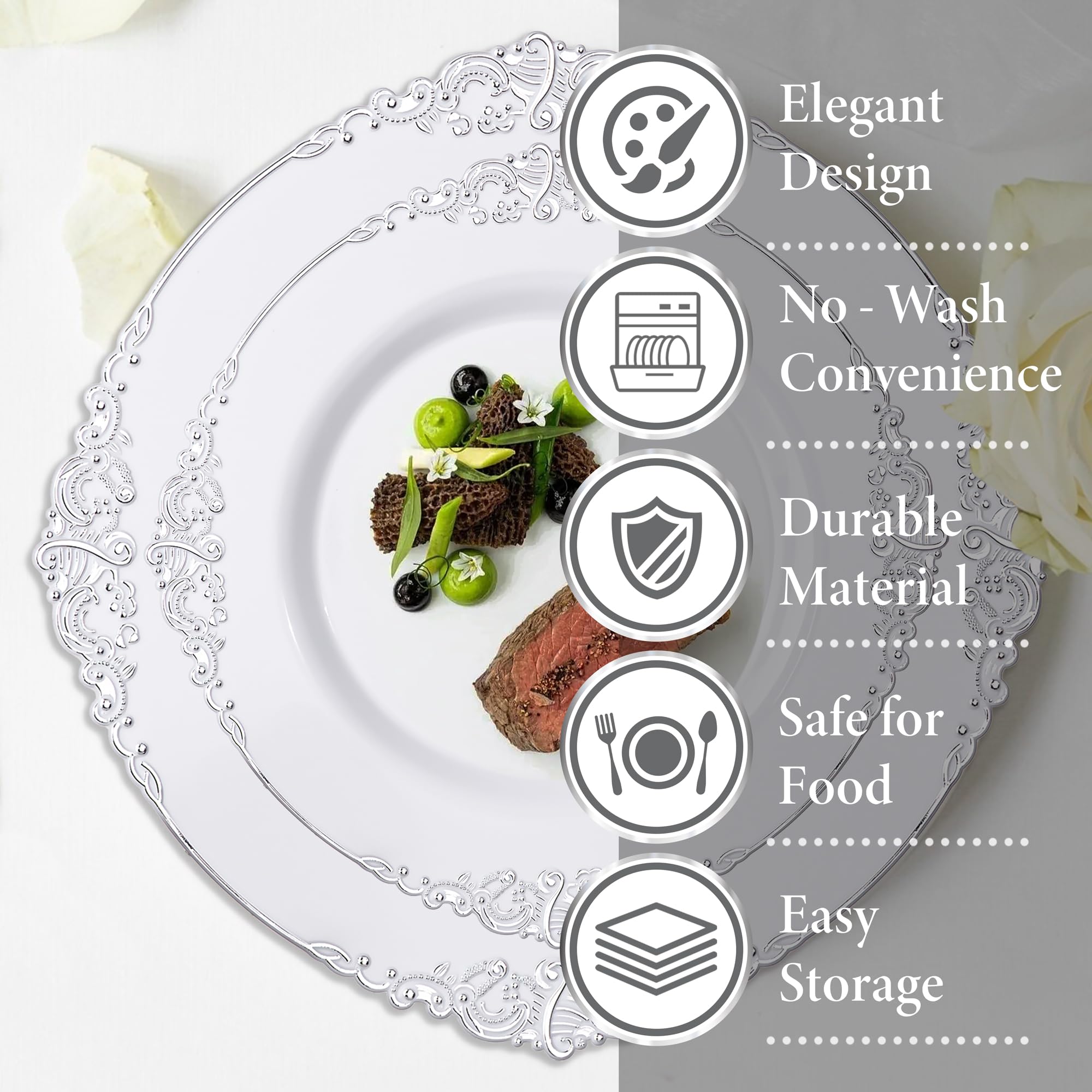 Nervure 350PCS Silver Plastic Dinnerware - White and Silver Disposable Plates for 50 Guests - 100 Disposable Plates, 150 Plastic Silverware, 50 Cups, 50 Napkins for Wedding & Party