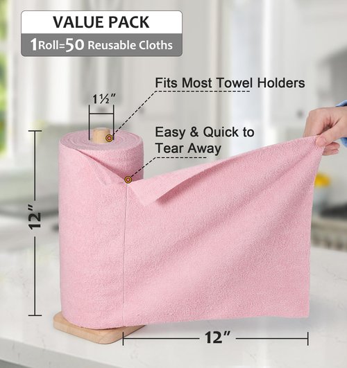 UPSTAR Microfiber Cleaning Cloth, Reusable Paper Towels Rolls, 50 Packs 12x12 inch Cleaning Rags for Washing Dishes, Kitchen, Bathroom, Car, Pink