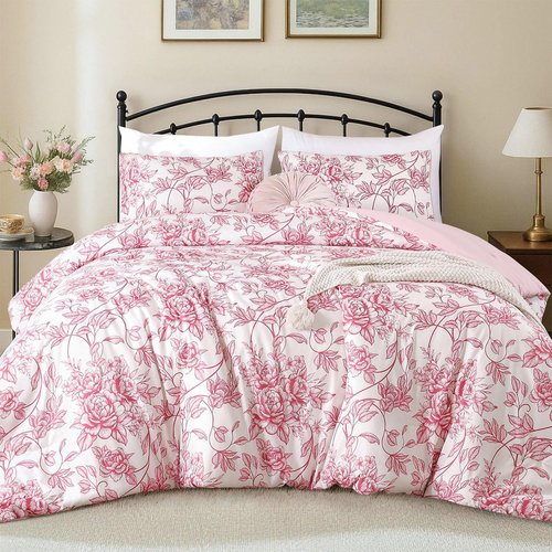 JANZAA Queen Size Comforter Set - Pink Floral Comforter, 3 Piece Cute Floral Bedding for All Season, 1 Soft Fluffy Breathable Microfiber Spring Comforter Set with 2 Pillow Shams