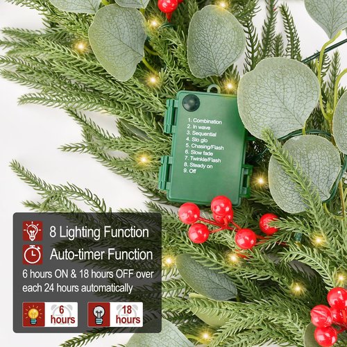 9FT Christmas Garland with Lights, Battery Operated Garland with Red Berries and Eucalyptus Leaves, Real Touch Artificial Prelit Garland for Mantle, Fireplace, Table, Stairs & Christmas Decorations