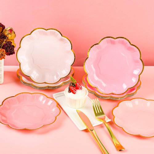 AimFun 24 Pcs Pink Party Plates Mothers Day Gradient Pink Dessert Paper Plates 7inch Gold Foil Scalloped Edge Disposable Cake Plates for Christmas Birthday Bridal Baby Shower Party Supplies