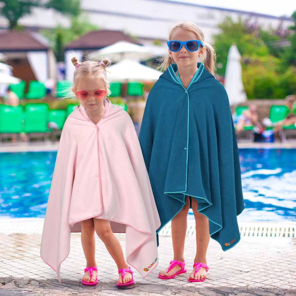 SUN CUBE Kids Hooded Towel, Absorbent Quick Dry Beach Bath Towel, Swim Surf Poncho Wrap Shower, Pool, Bath, Boys, Girls, Large 30x60 inch, Age 3-9 Years, Sea Blue