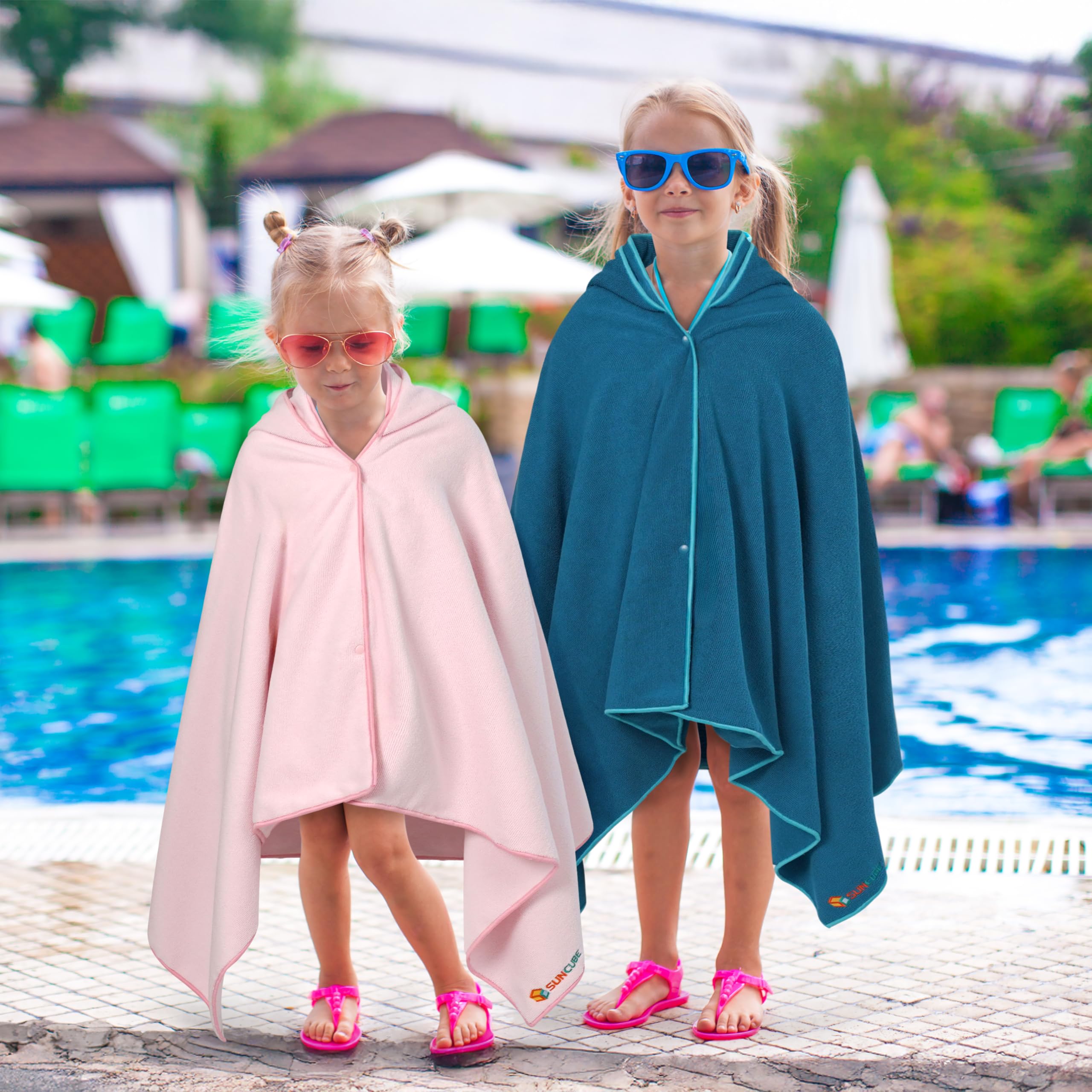 SUN CUBE Kids Hooded Towel, Absorbent Quick Dry Beach Bath Towel, Swim Surf Poncho Wrap Shower, Pool, Bath, Boys, Girls, Large 30x60 inch, Age 3-9 Years, Sea Blue