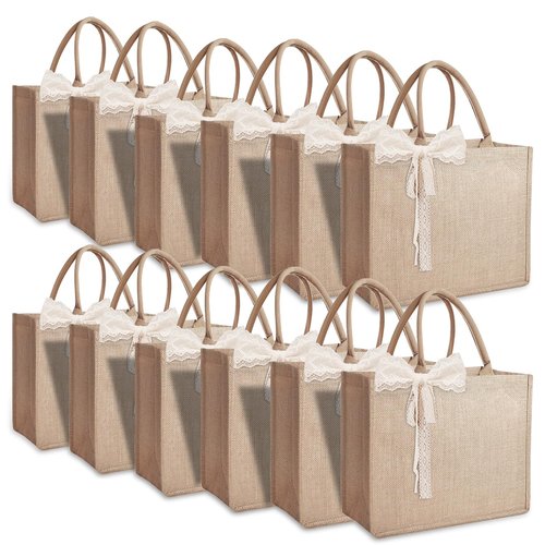 12pcs Burlap Tote Bag Set with Handles, Waterproof Reusable Blank Water Resistant Grocery Bags with Ribbon Large Jute Tote 15.35*6*12 Inch for Women Bridesmaid Gift Beach Shopping Wedding Travel DIY