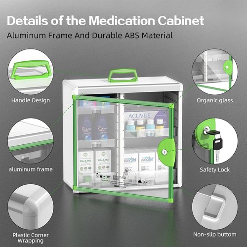 Glosen Locking Medicine Cabinet - Wall Mounted Portable Storage Container | Green 13.6 x 13.4 x 6.5 Inch