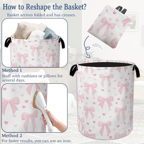 Cute Pink Bow Laundry Basket,Foldable Oxford Cloth Heart Laundry Hamper with Handles, 20.8"x16" Tote Bag Clothes Storage Bucket for Laundry Room/Bathroom/Bedroom/Dormitories