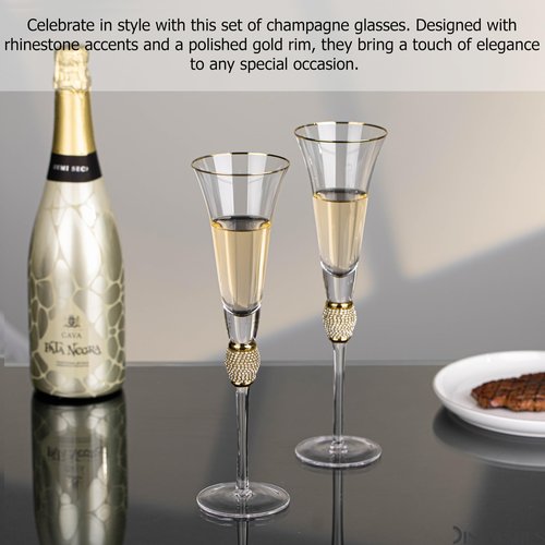 4 Piece Elegant Crystal Set Wedding Champagne Glasses with Diamond Rhinestone Accents and a Polished Gold Rim - 11 in Tall with Slender Long Stems, 7 oz - Chic Toasting Set for the Bride and Groom